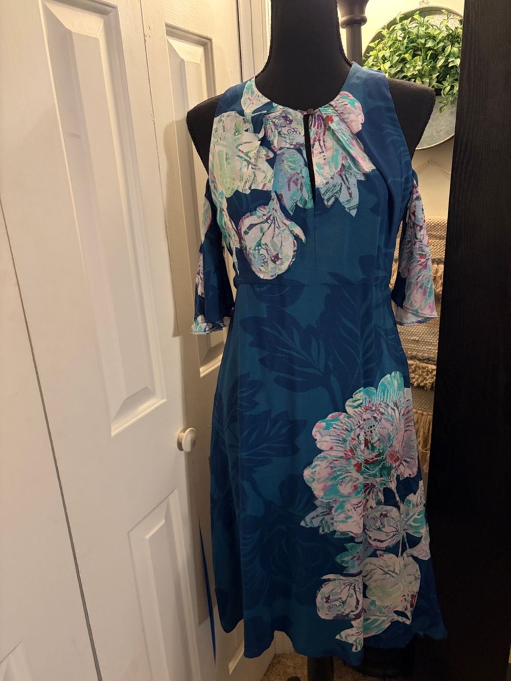 Maeve Teal Floral Cold-Shoulder Midi Dress